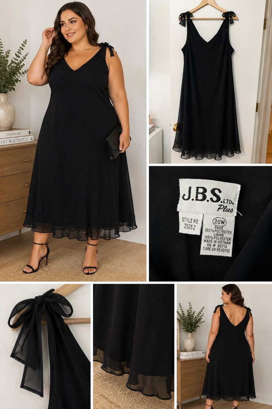 ✨ JBS Vintage Black Chiffon Tie Strap Midi Dress Plus Size 20W Party Cocktail